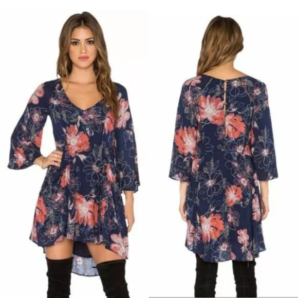 FREE PEOPLE Eyes On You Floral Babydoll Bohemian Dress Navy Womens Size‎ 4 - Picture 1 of 15